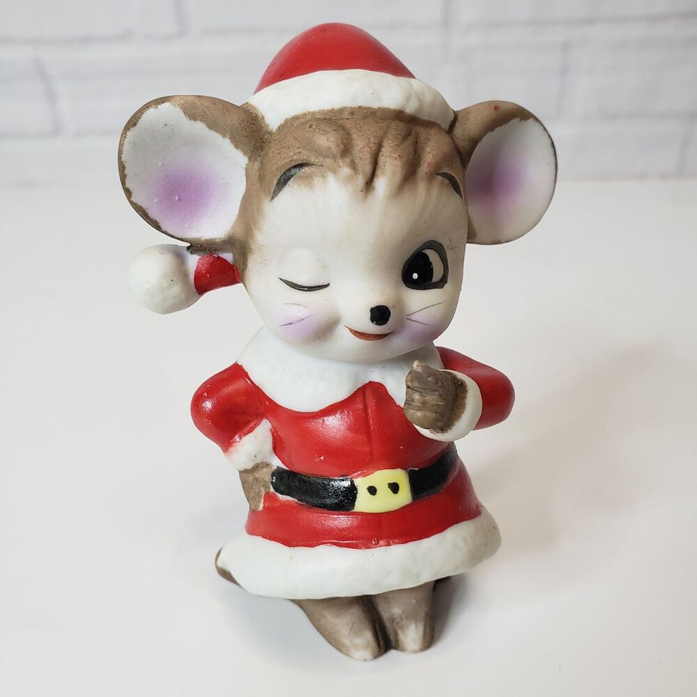 Vintage Kitschy Enesco Christmas Winking Mouse Ceramic Figurine 3" Foil Sticker